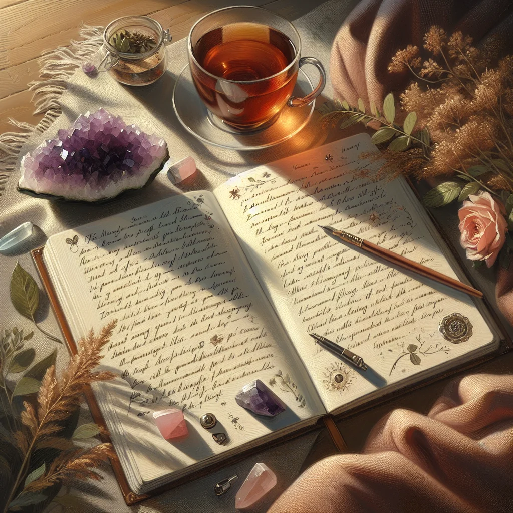 Open journal with emotional release quotes written on pages next to a steaming cup of tea and healing crystals