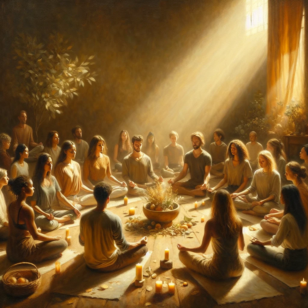 Group of people participating in an emotional release event with facilitator guiding healing session