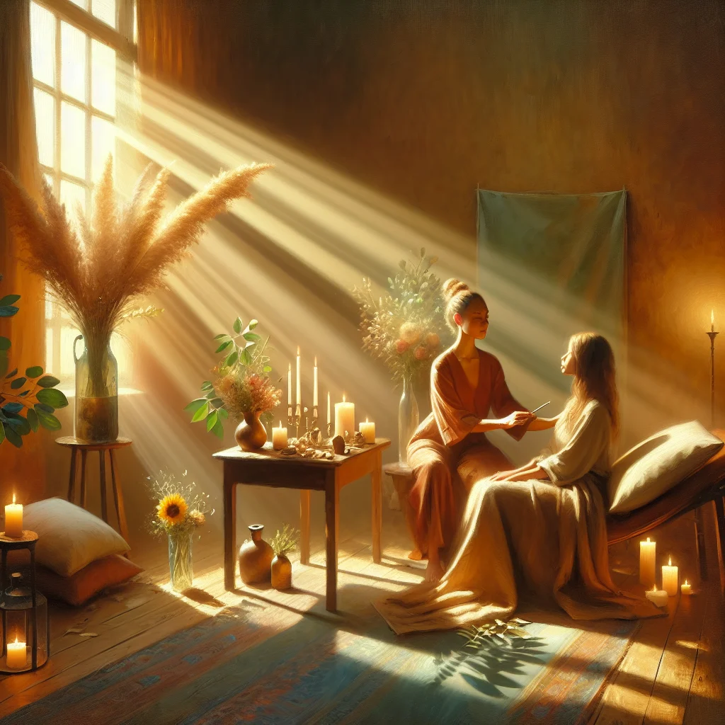 Person experiencing emotional release neo therapy in a peaceful healing environment