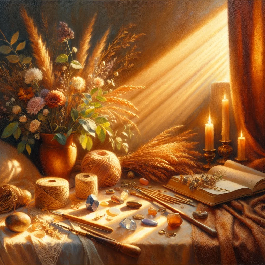 Meditation space featuring various emotional release objects including crystals and natural items