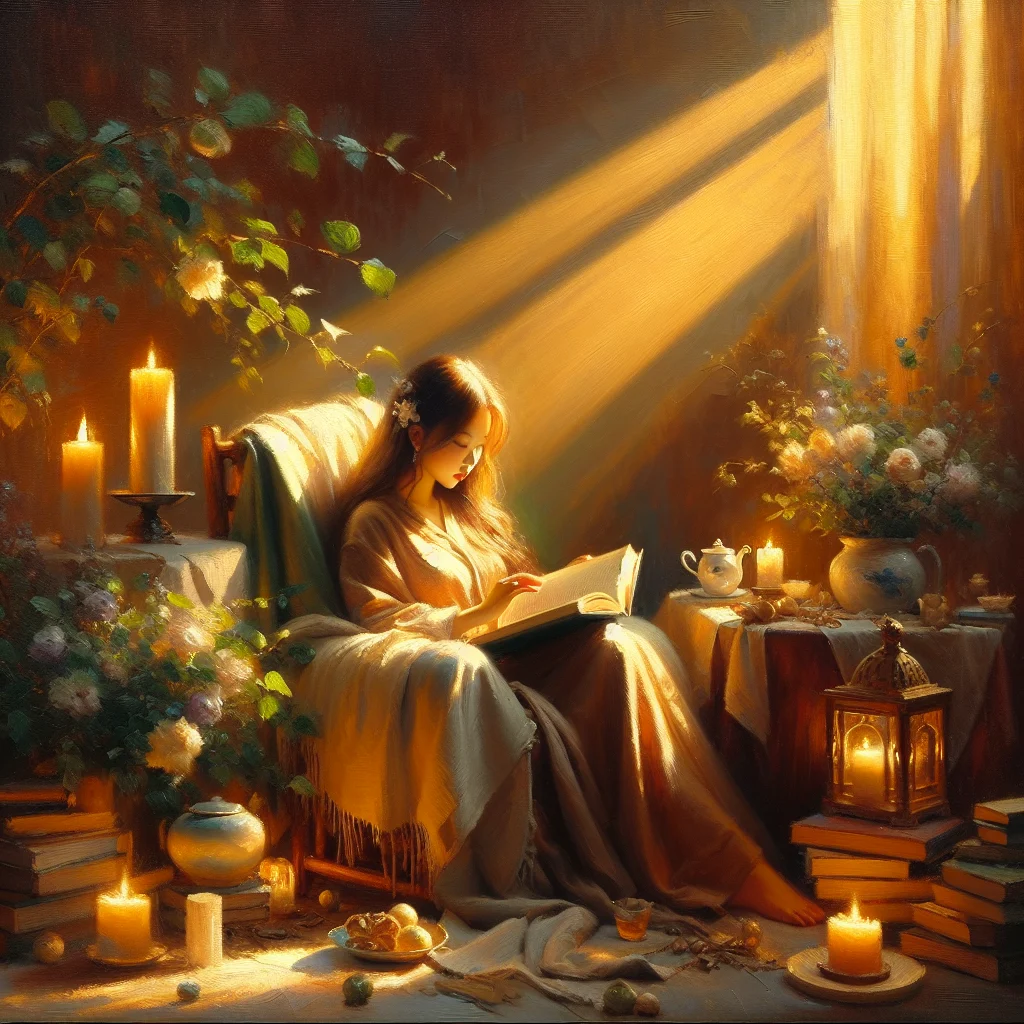 Cozy evening scene showing slow living activities including reading a book and drinking herbal tea