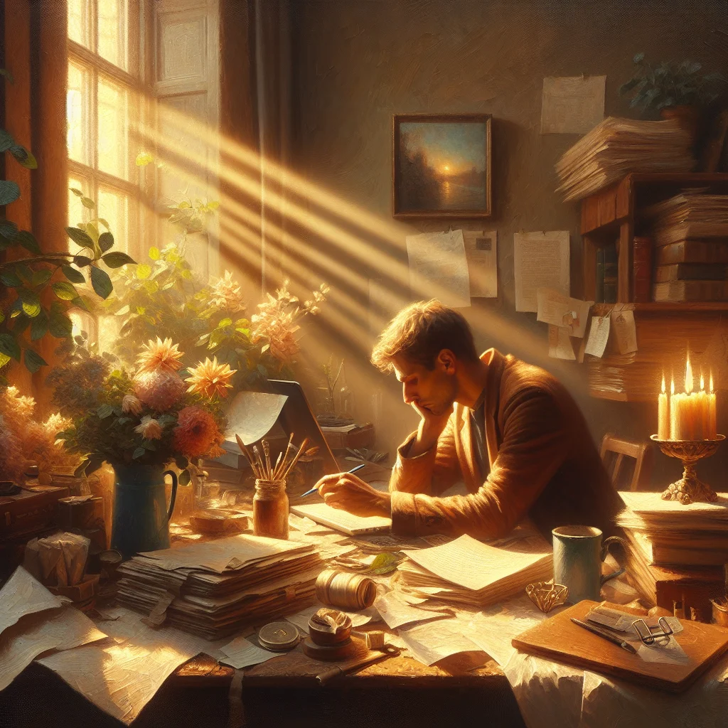 Stressed professional showing signs of burnout sitting at cluttered desk with head in hands