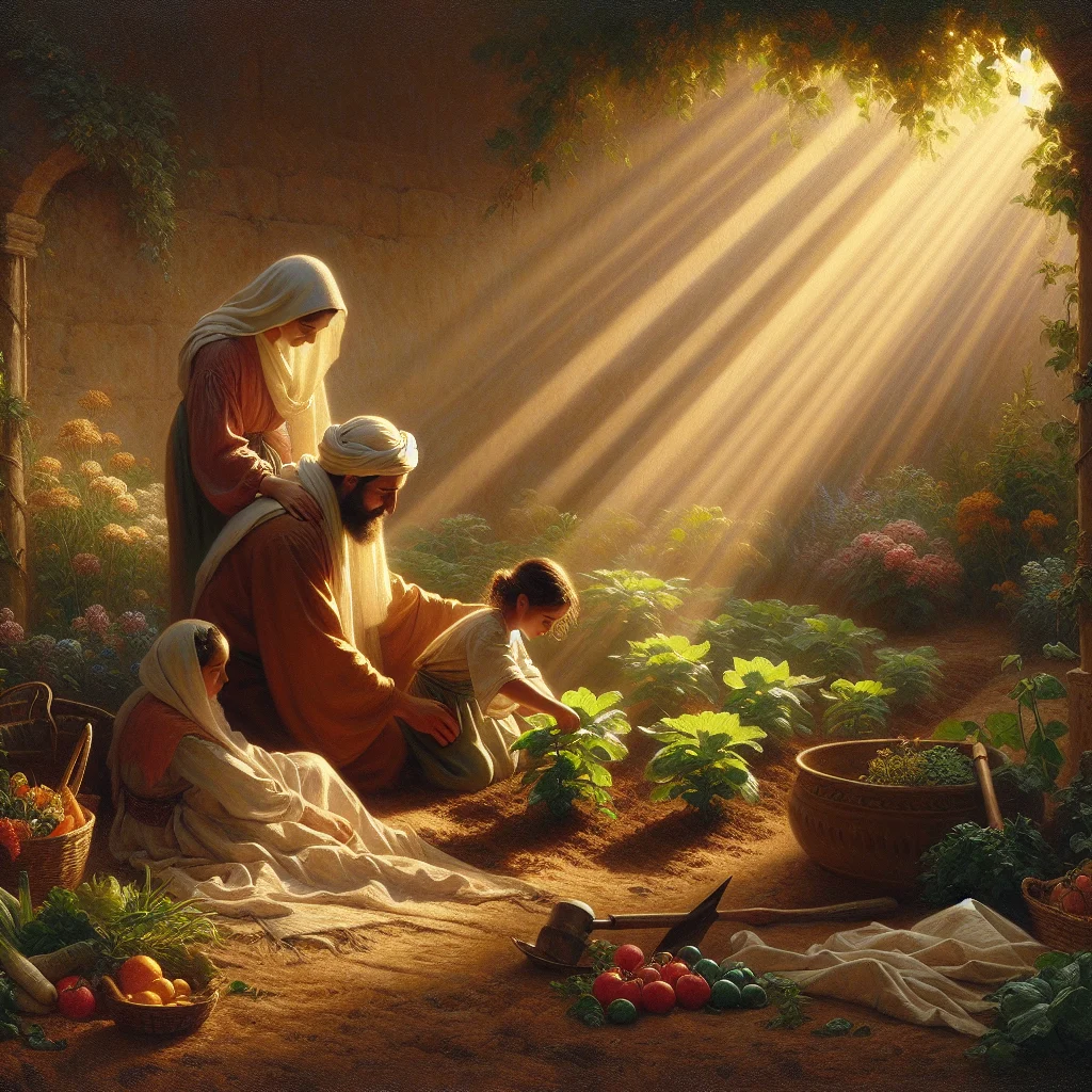 family-gardening-together-slow-living Family working together in a home garden, demonstrating slow living parenting through connection with nature