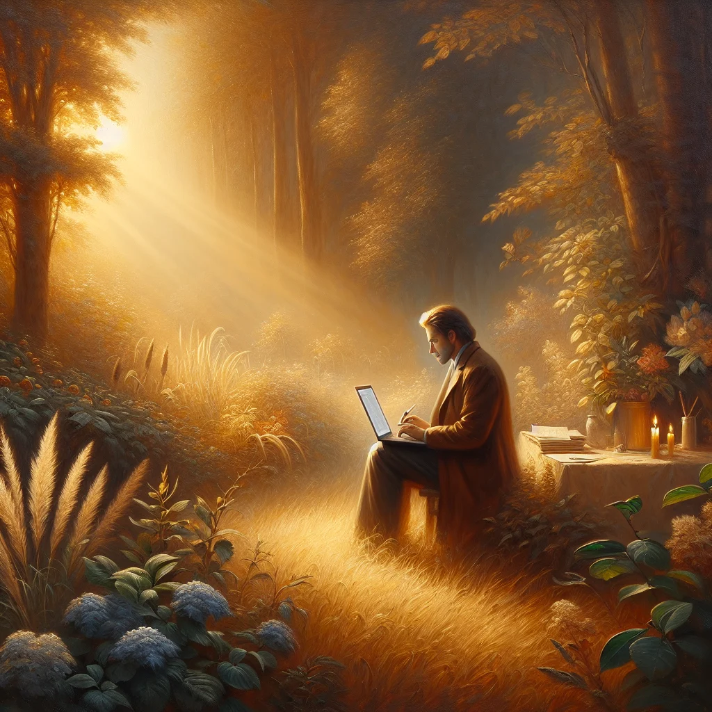 freelancer-enjoying-work-life-balance-nature Freelancer working on laptop outdoors enjoying slow living job with nature surroundings