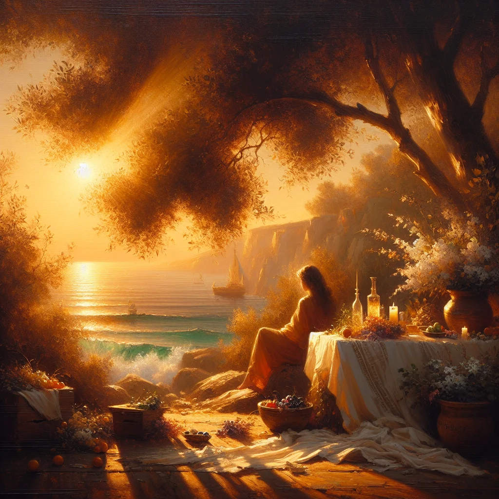 greek-coastal-sunset-relaxation Peaceful Greek coastal scene at sunset with person relaxing by the sea, embodying the essence of slow living and Mediterranean tranquility