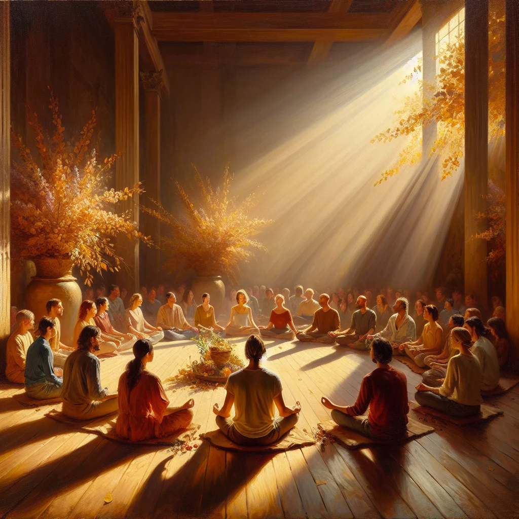 Group of diverse people learning mindfulness meditation together in a peaceful classroom setting