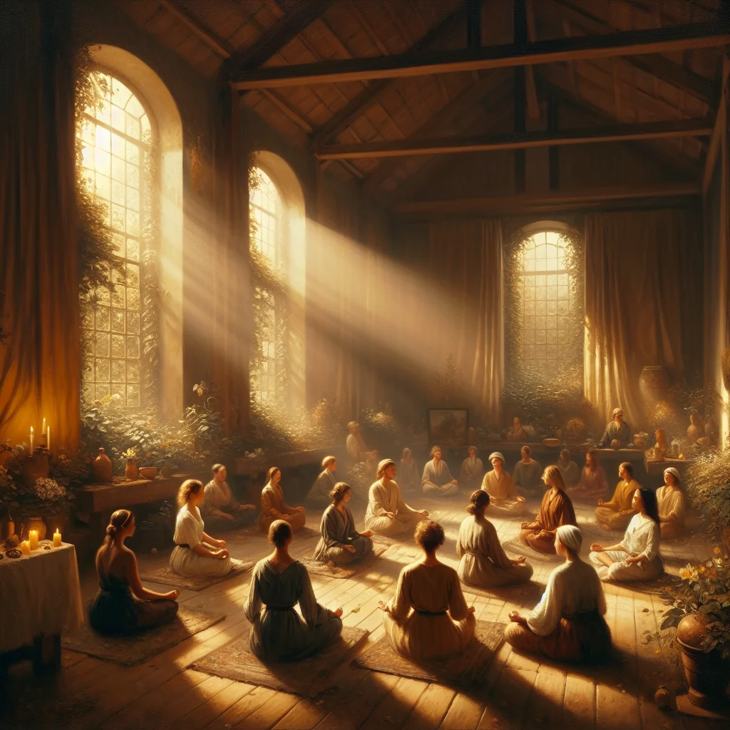 Diverse group of people sitting together practicing mindfulness meditation in a peaceful setting