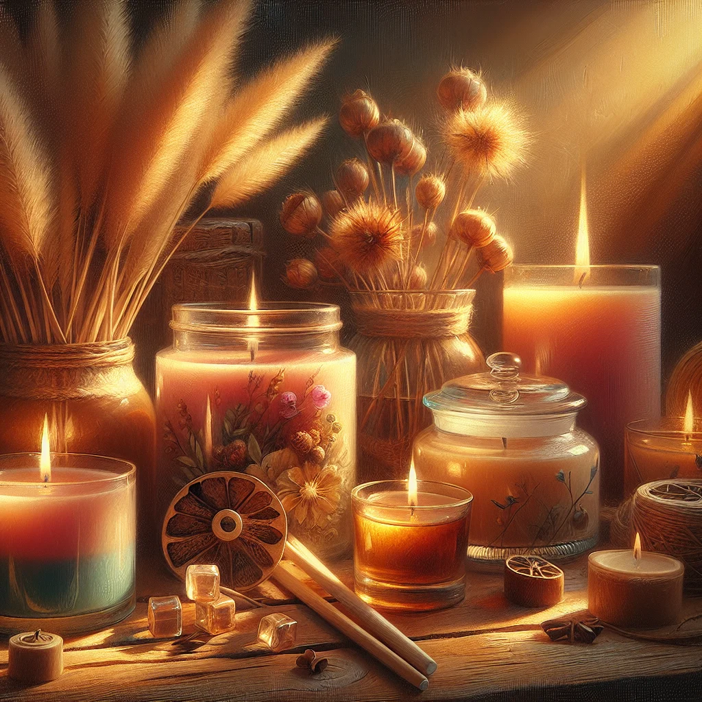 handmade-healing-candles-with-crystals Collection of handmade emotional healing candles with embedded crystals and dried flowers arranged in a serene setting