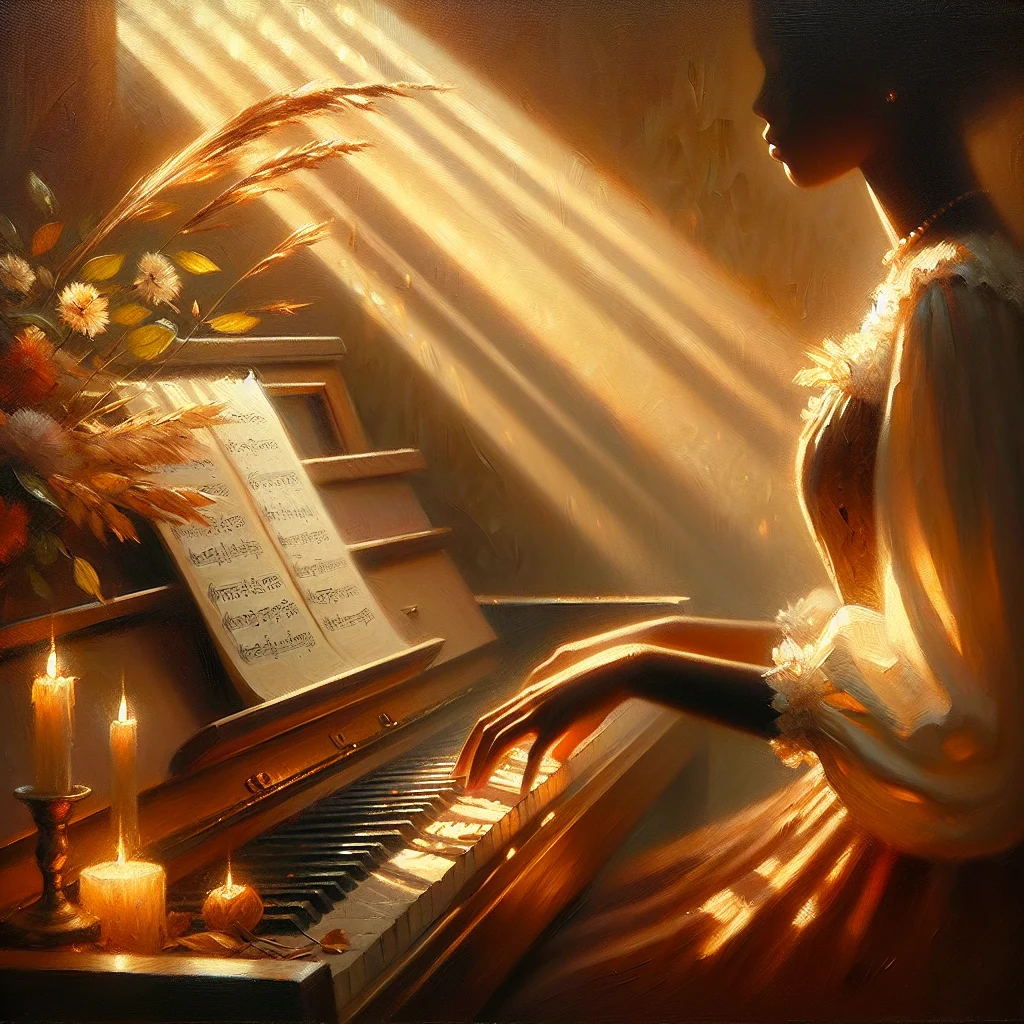 Close-up of hands gently playing slow living piano sheet music with soft focus background