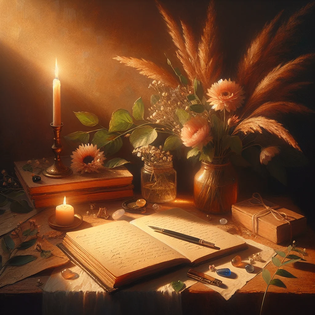 Open journal with pen surrounded by healing crystals and natural elements representing emotional healing scale practices