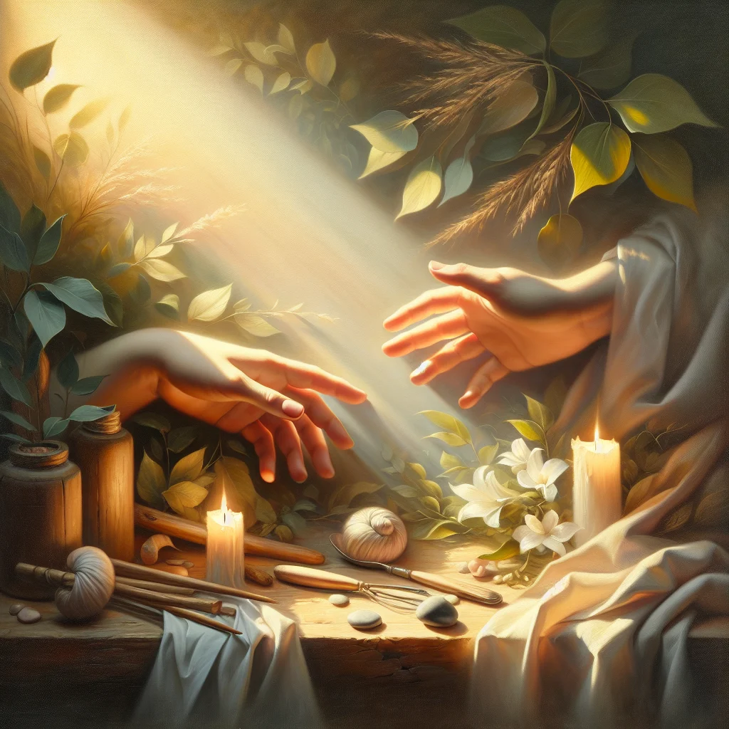 Supportive hands reaching out during emotional distress healing process