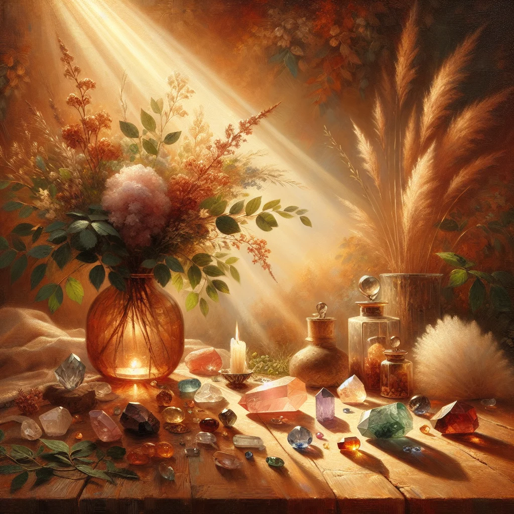 Collection of healing stones and crystals arranged on natural wood surface displaying various colors and textures