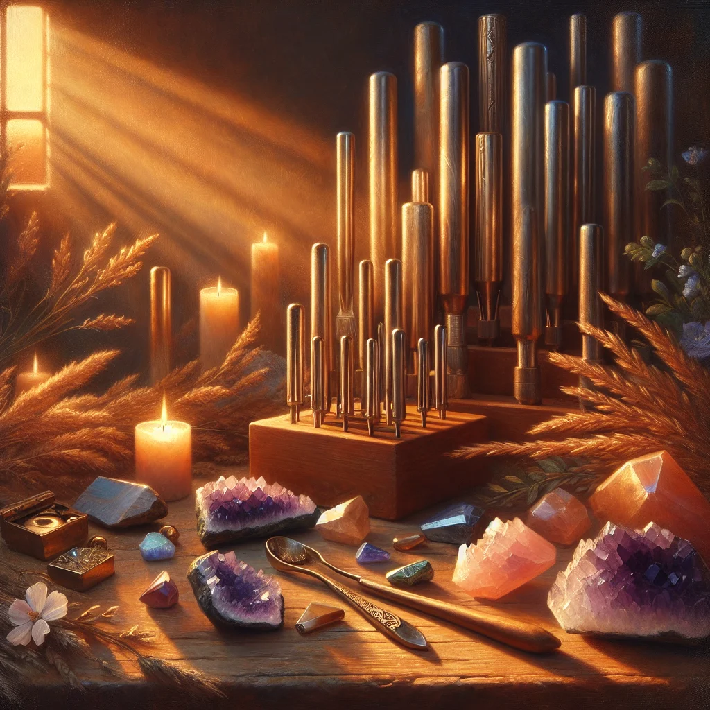 Collection of various healing tuning forks arranged on a natural wooden surface with crystals