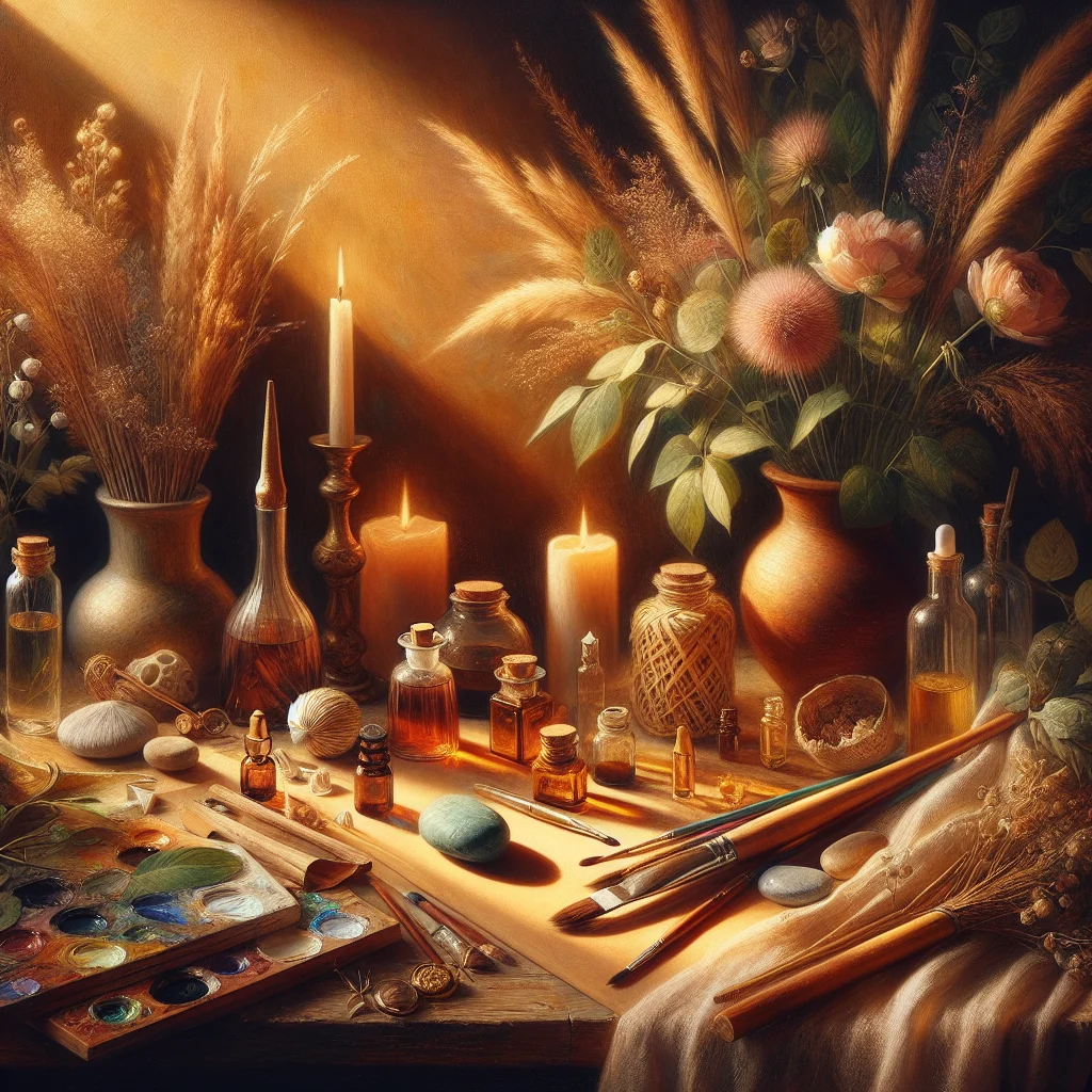 Collection of holistic health tools including herbs, essential oils, healing stones, and natural wellness products