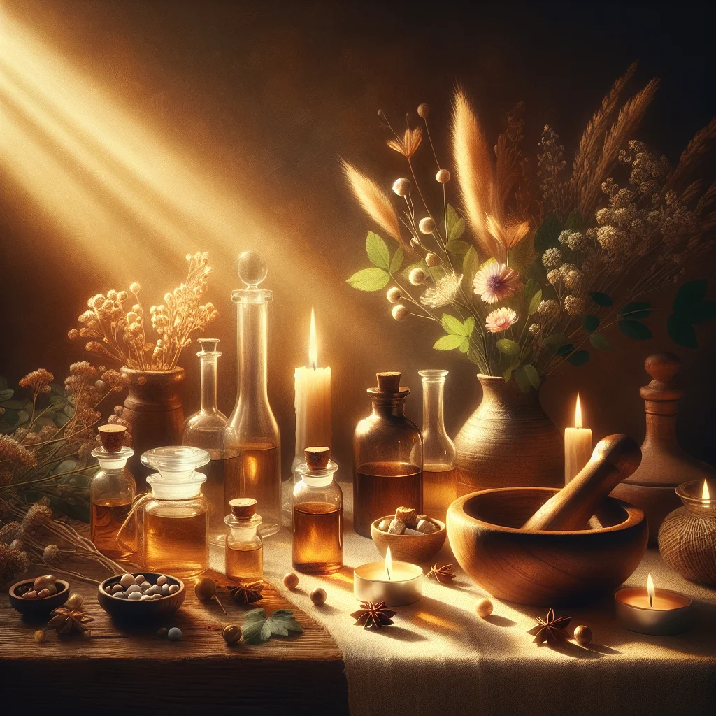 Natural healing tools including herbal remedies, essential oils, and holistic medicine supplies on wooden surface