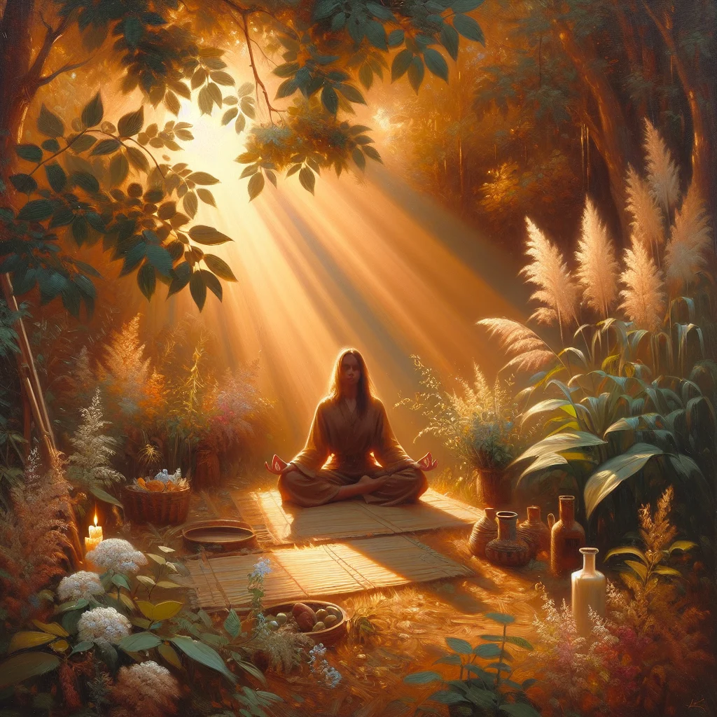 Person practicing holistic health through meditation in a peaceful natural setting surrounded by healing elements