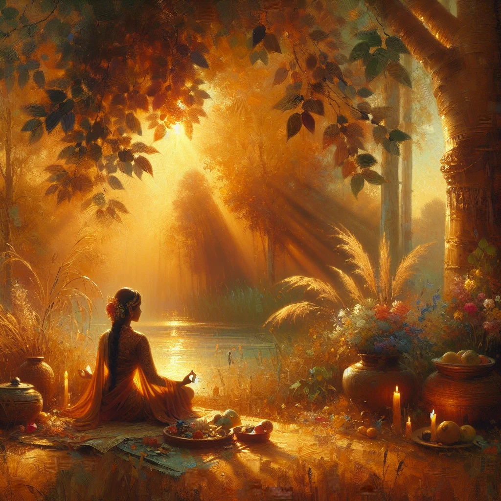 Person practicing holistic wellness in a serene natural environment with elements of meditation and healthy living