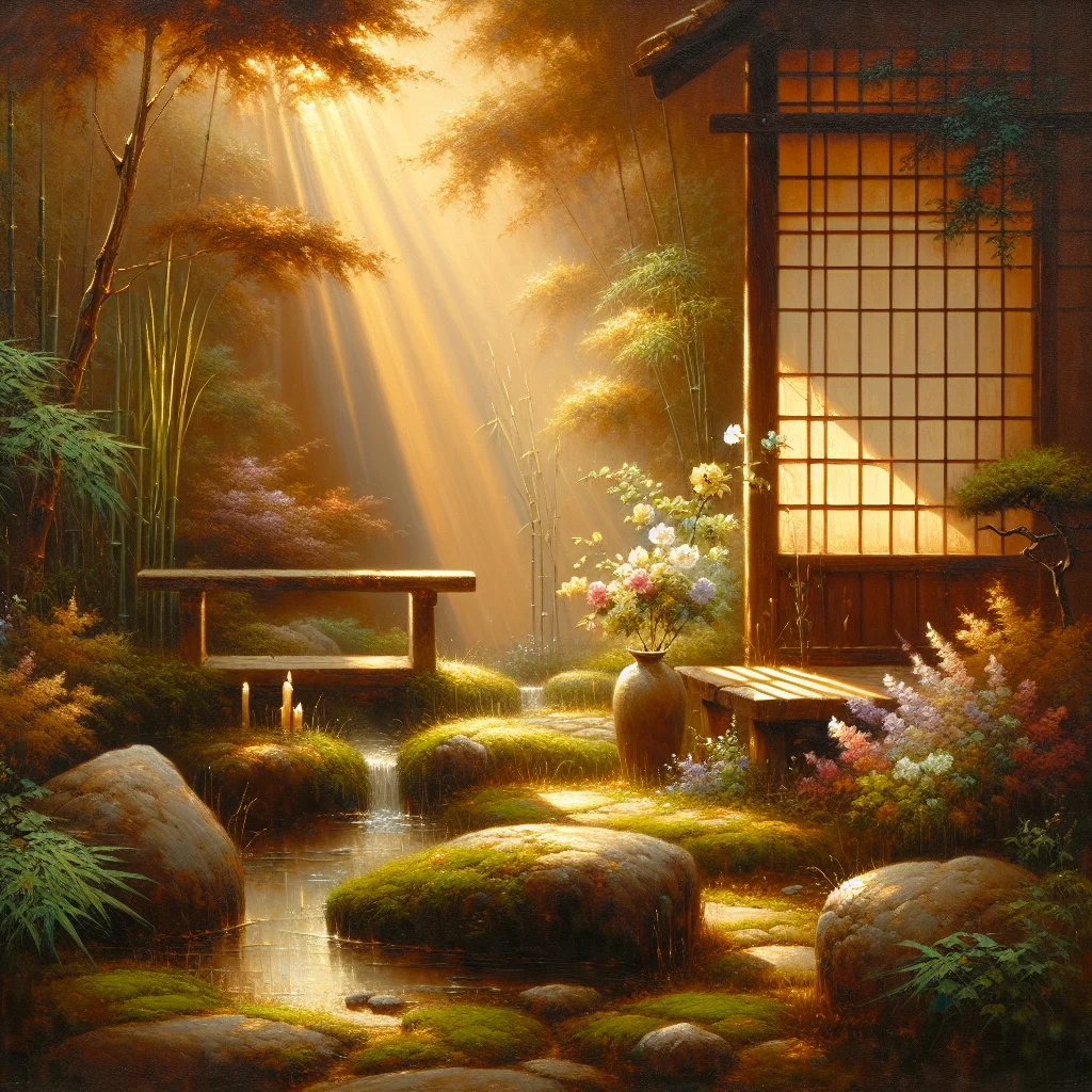 Tranquil Japanese zen garden with stone path and contemplative seating area representing ikigai slow living philosophy