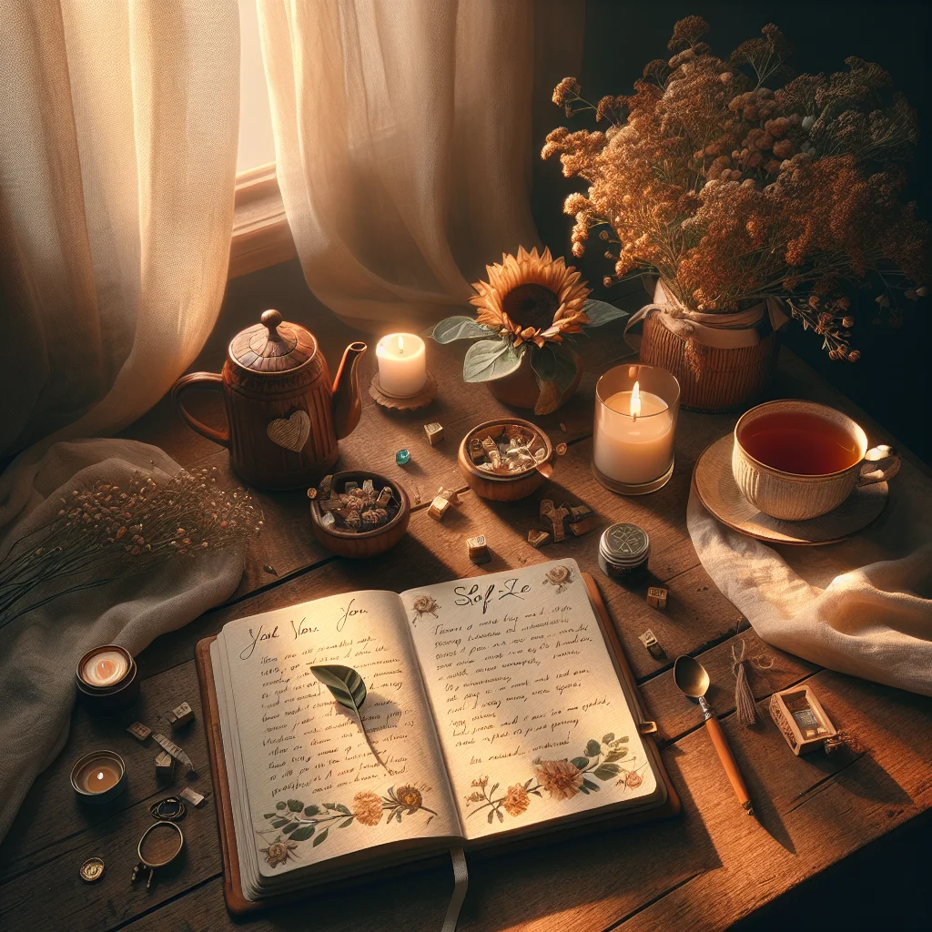 Open journal showing self love affirmations and reflections as first step to self love practice