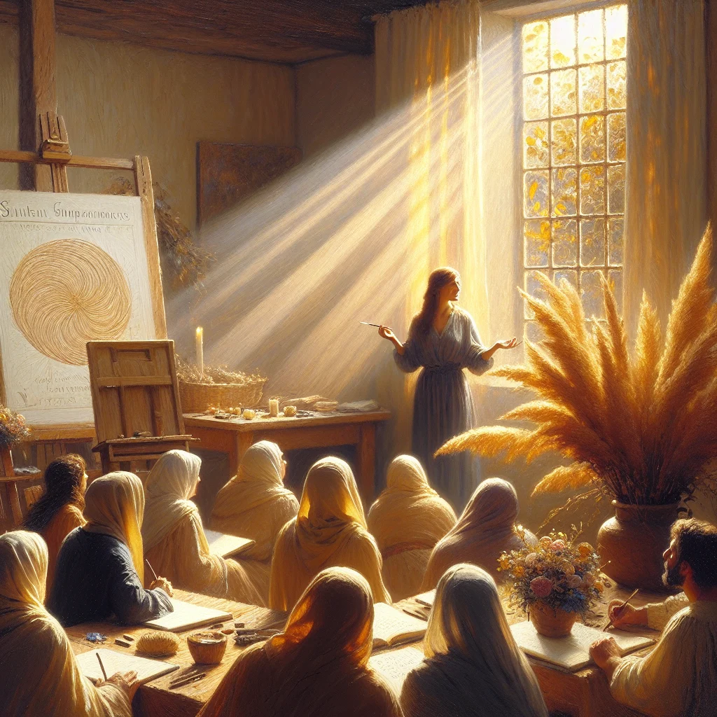 A journal workshop facilitator standing before a small group, gesturing warmly while explaining journaling techniques with examples written on a board