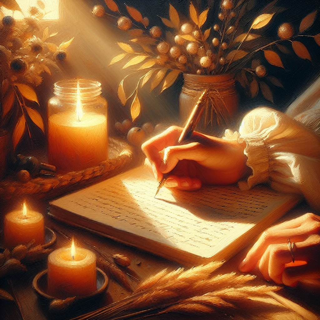 Close-up of hands writing in journal during self reflection meditation practice with candle nearby