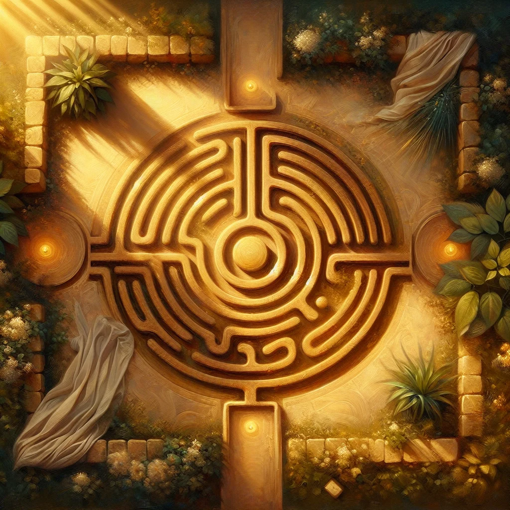 Aerial view of a stone labyrinth in a garden used for the path meditation practice