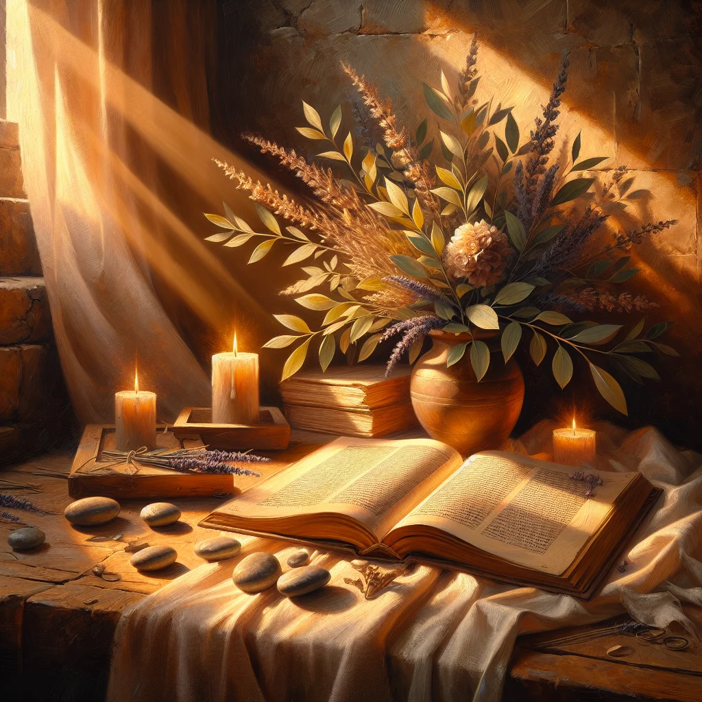 Open Latin philosophy manuscript surrounded by natural elements representing slow living wisdom and contemplation