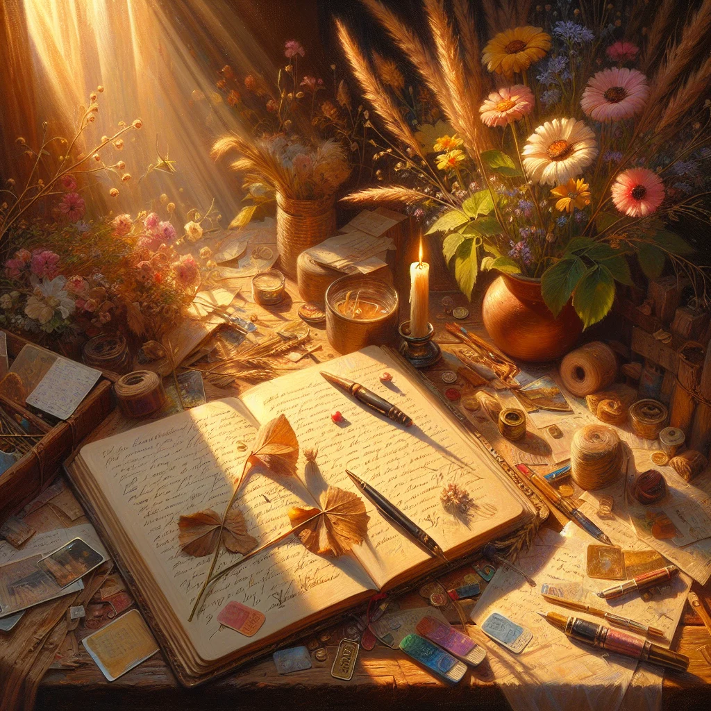 Open life journal showing handwritten pages with photographs and mementos