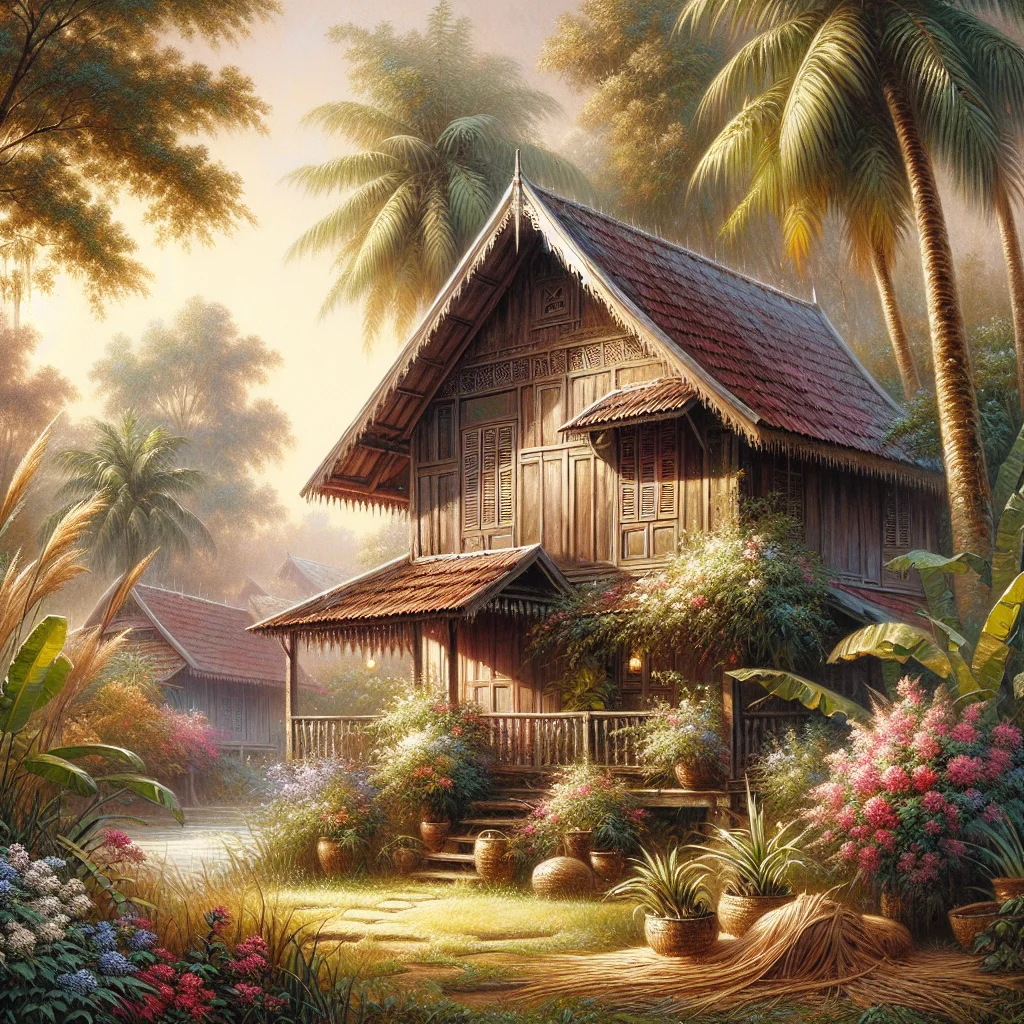 Traditional Malaysian kampung house with lush tropical greenery showcasing slow living lifestyle