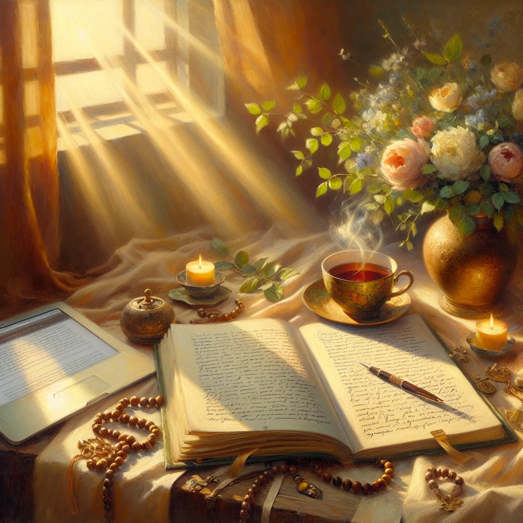 meditation-journal-with-blog-notes Meditation journal open with notes from best meditation blogs and morning tea