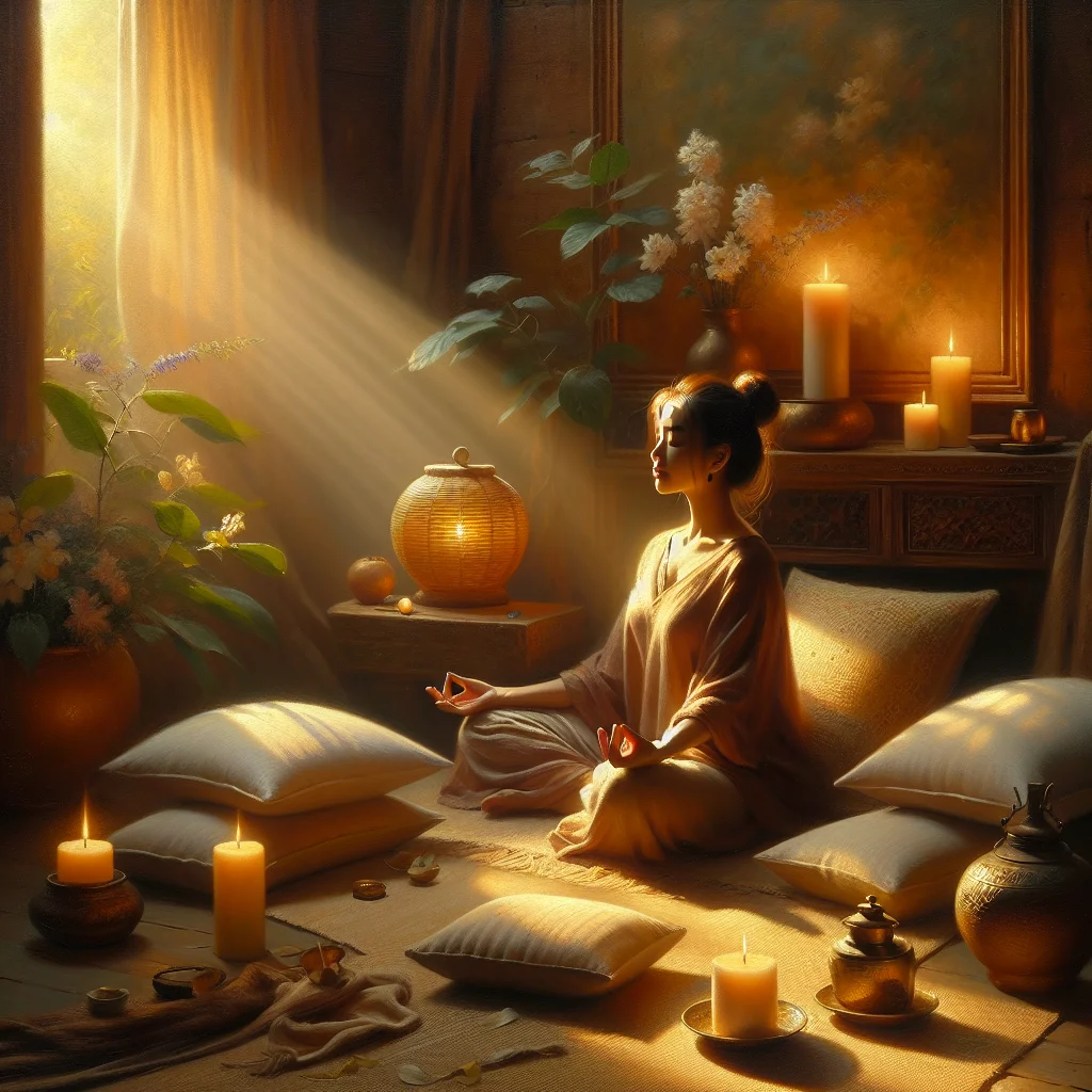 Tranquil meditation space showing someone engaged in powerful meditation practice with candles and cushions