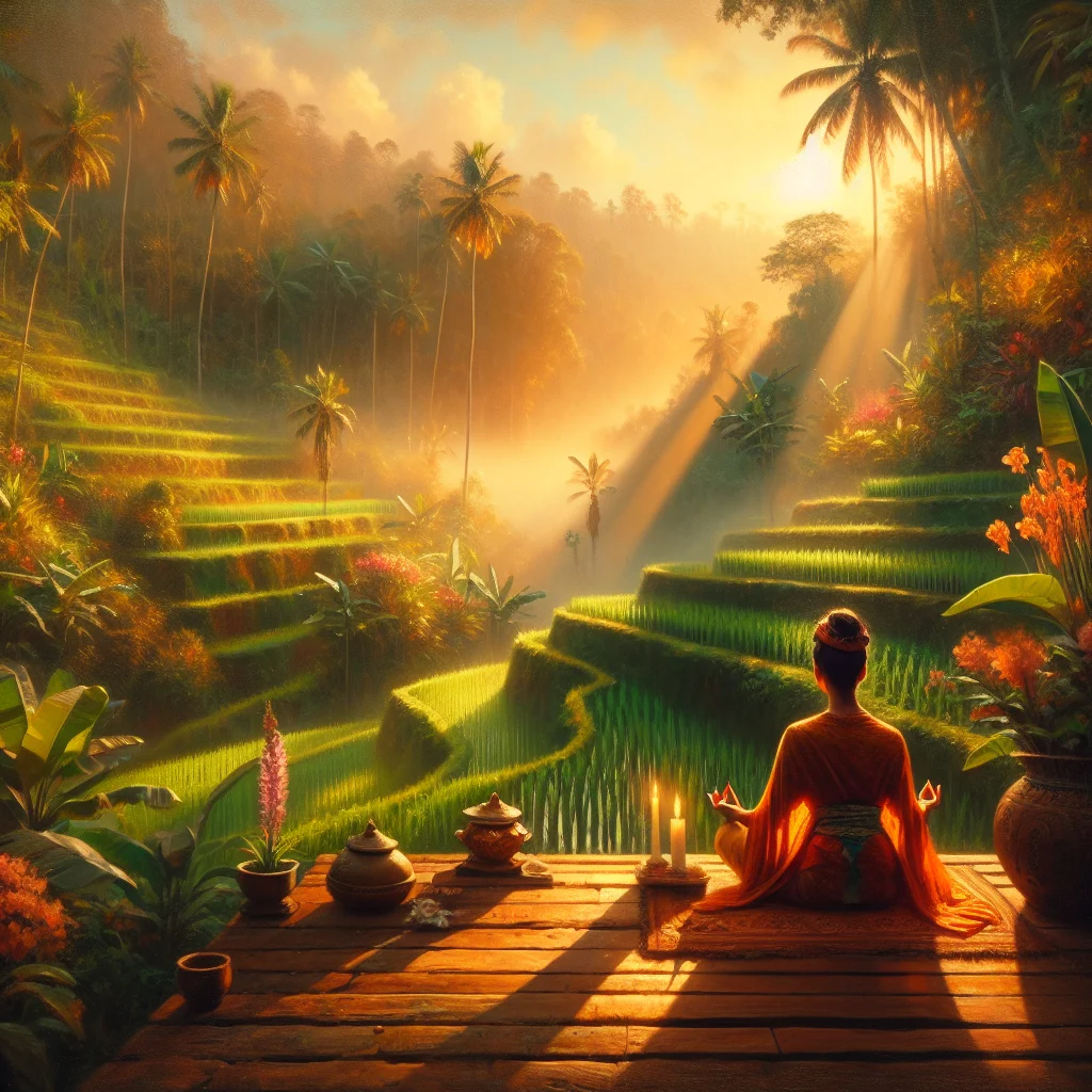 meditation-rice-terrace-bali Person meditating peacefully among green rice terraces in Ubud experiencing emotional healing in Bali