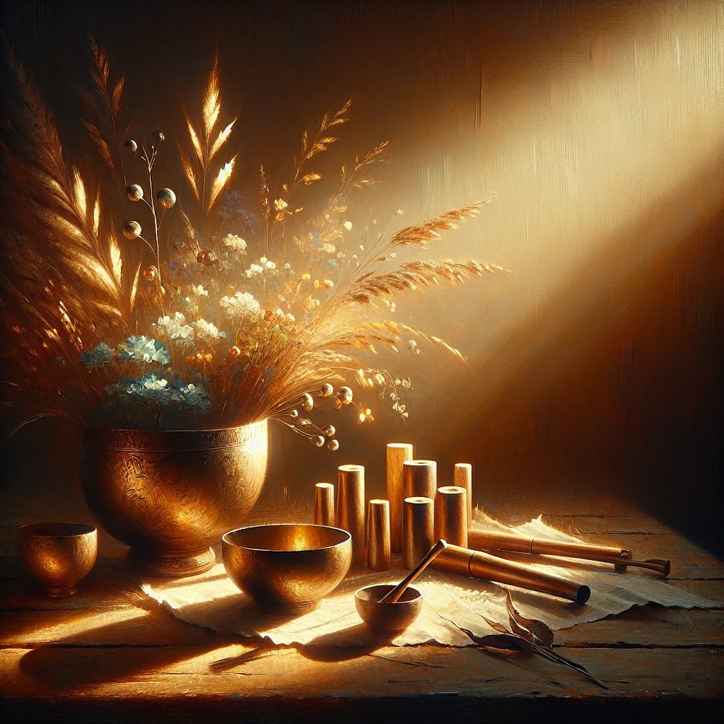 Collection of singing bowls and meditation sound instruments arranged for healing practice