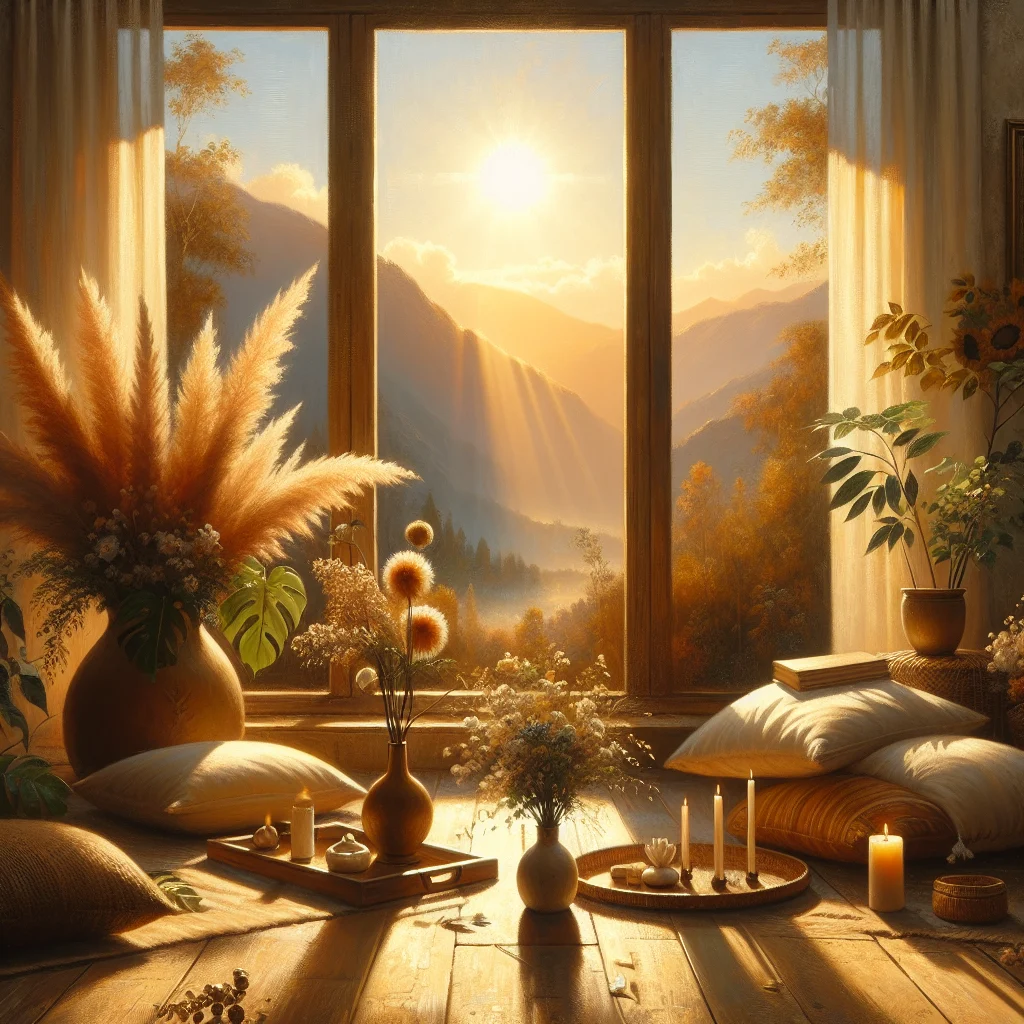 Tranquil meditation corner in Dehradun with Himalayan backdrop showcasing slow living principles