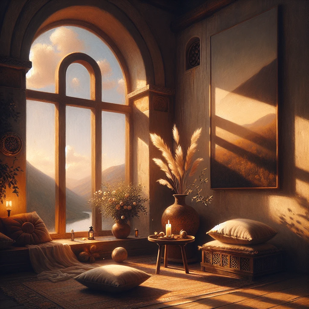 Serene meditation area in a slow living hotel in Turkey with traditional cushions and mountain views