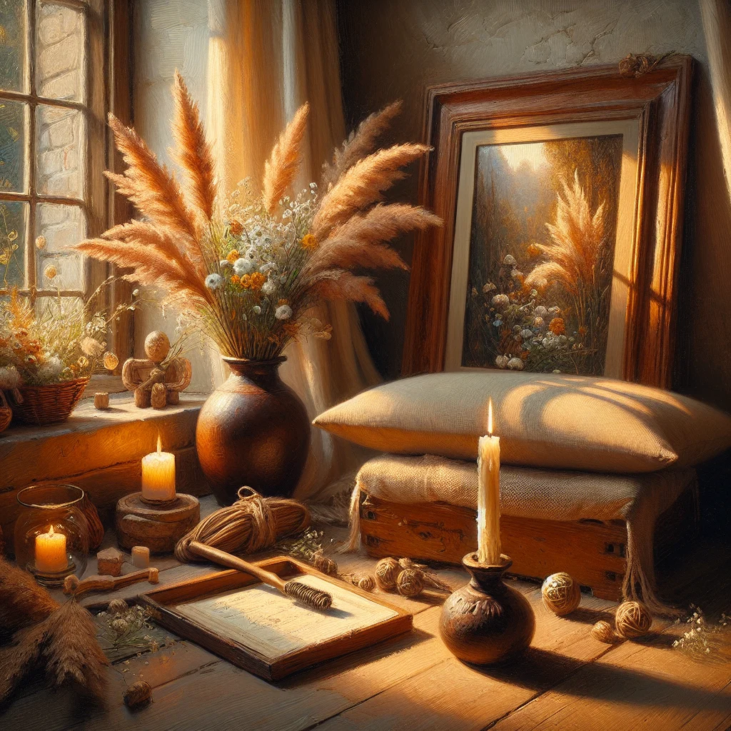 Peaceful meditation space for mindfulness and grief work with candle, cushion, and memorial photograph