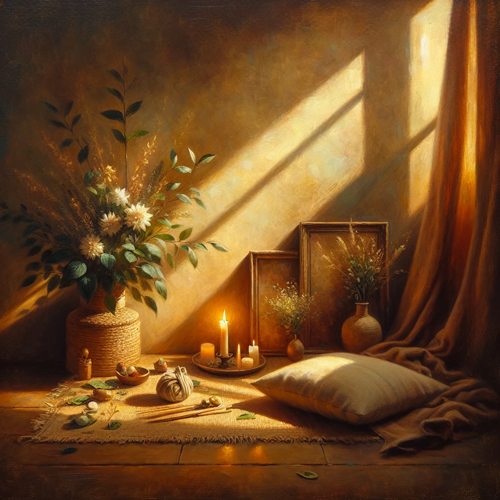 Serene meditation space featuring a cushion, soft lighting, and minimal decorations