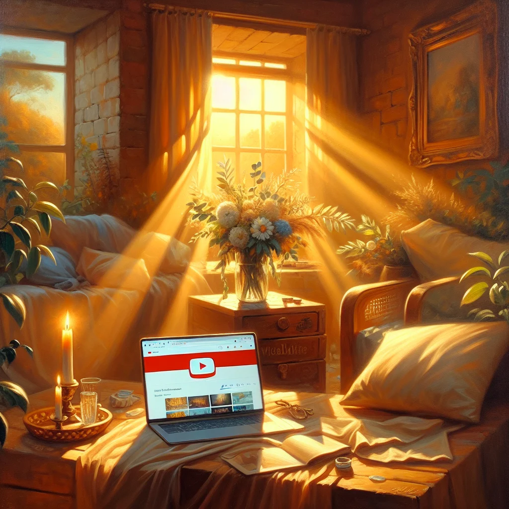Peaceful home meditation corner with laptop displaying positive thinking meditation YouTube video