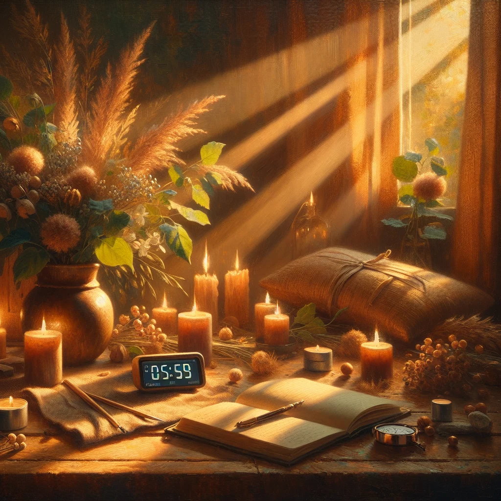 Serene meditation setup showing a timer, journal, and comfortable cushion for 10 minute positive meditation practice