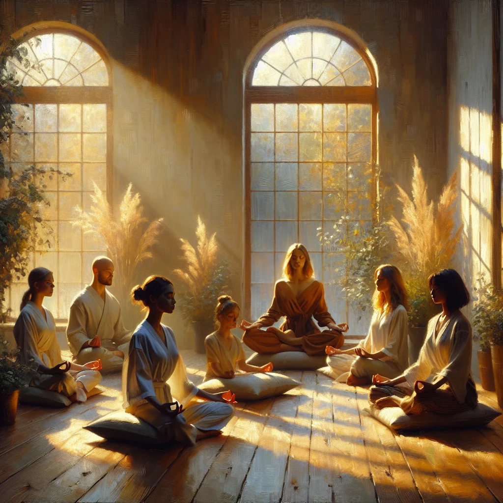 Group of people sitting in meditation posture during a guided meditation workshop session