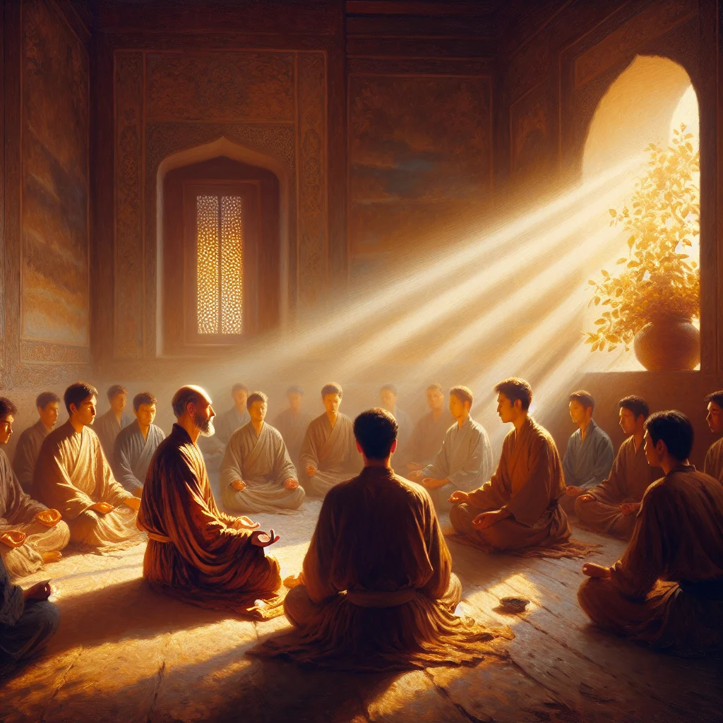 Meditation instructor demonstrating proper sitting posture and hand positions during a workshop