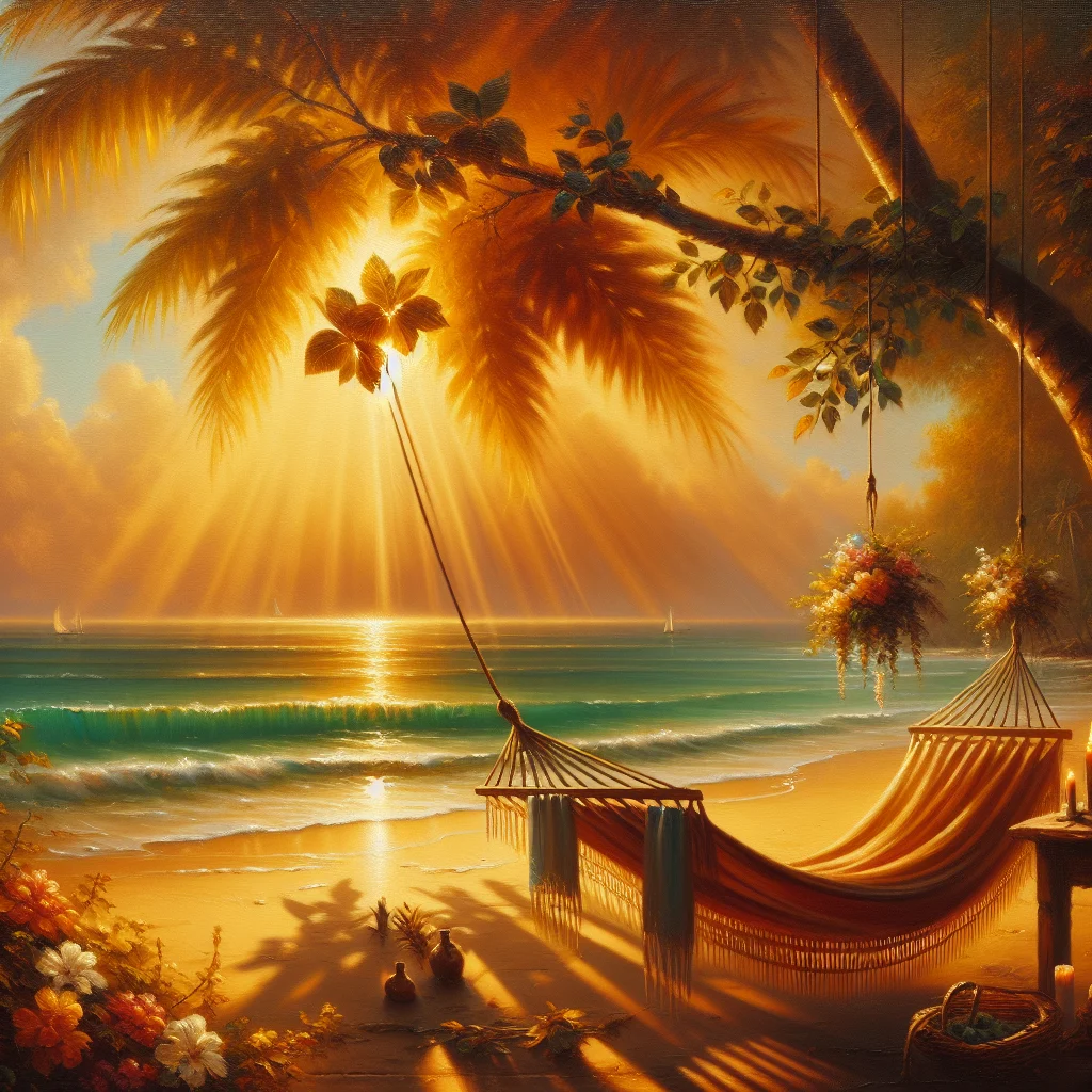 Person relaxing in a hammock on a peaceful Mexican beach surrounded by palm trees and turquoise water