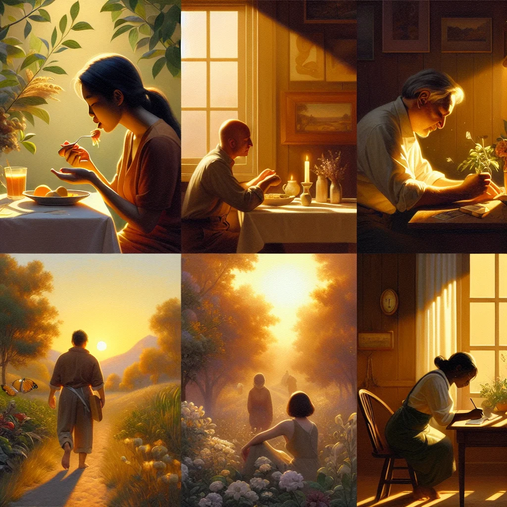 Various mindful activities being practiced throughout the day including eating, walking, and working