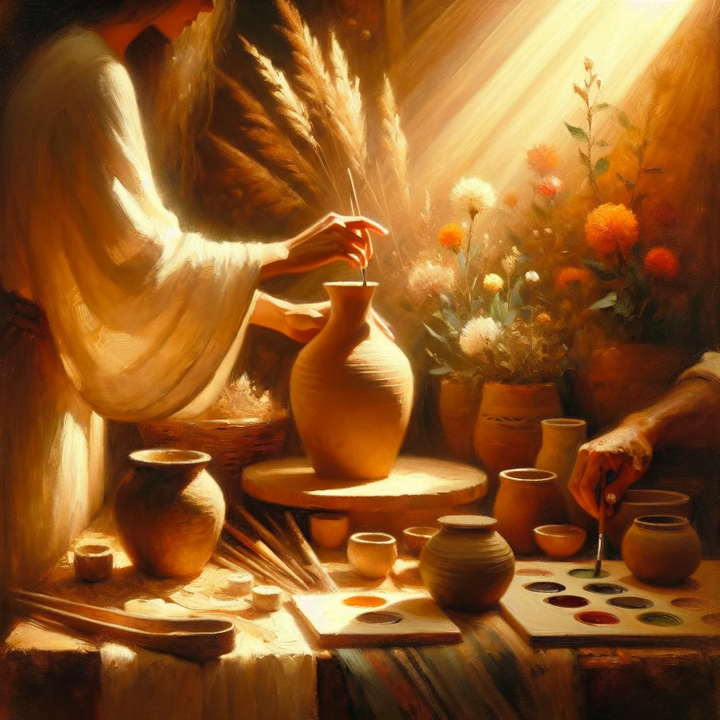 Hands working on a creative hobby like pottery or gardening, representing mindful slow living activities