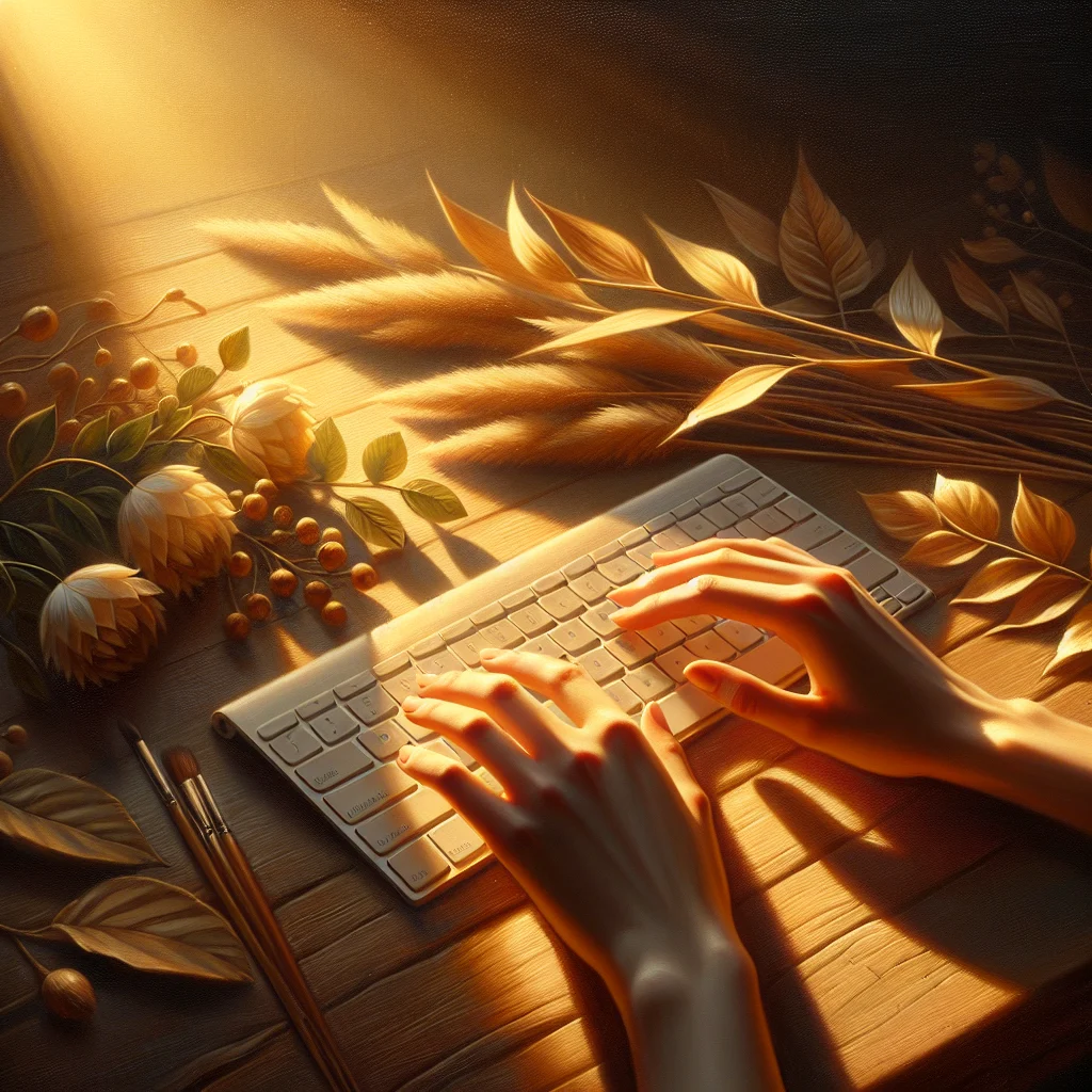 Close-up of hands resting mindfully on keyboard with peaceful breathing before mindful login