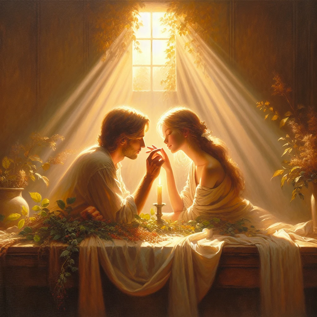 Two people sharing a mindful loving moment with gentle eye contact demonstrating love and mindfulness connection