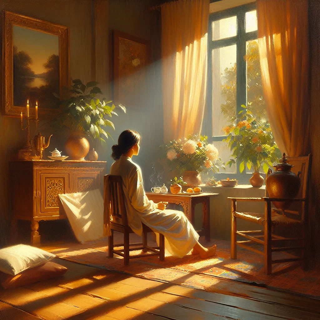 Person enjoying a peaceful morning routine embodying cultura slow living with tea and natural surroundings