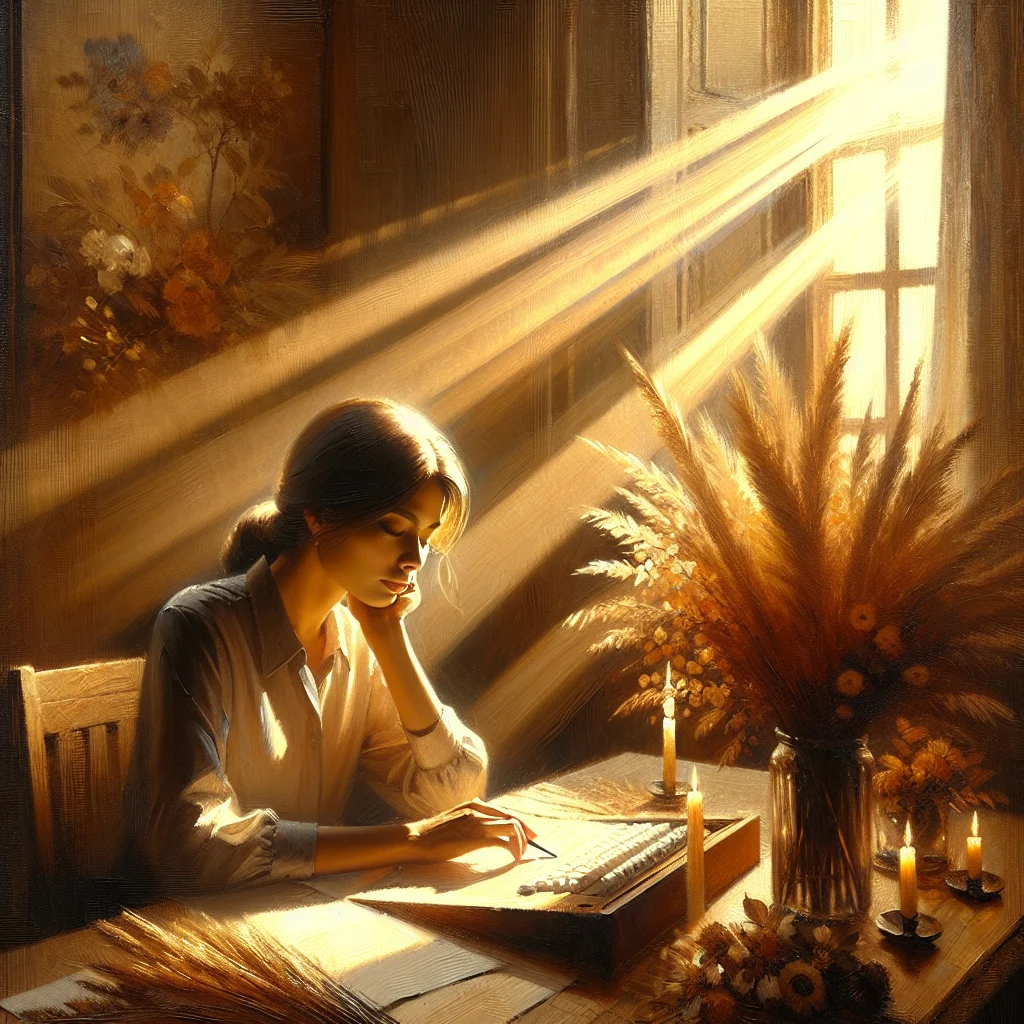 Professional practicing mindful breathing at work desk with calm focused expression