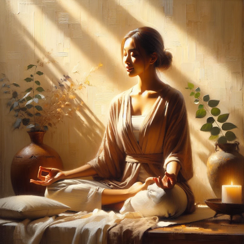 Woman practicing mindfulness made simple techniques during daily meditation routine at home