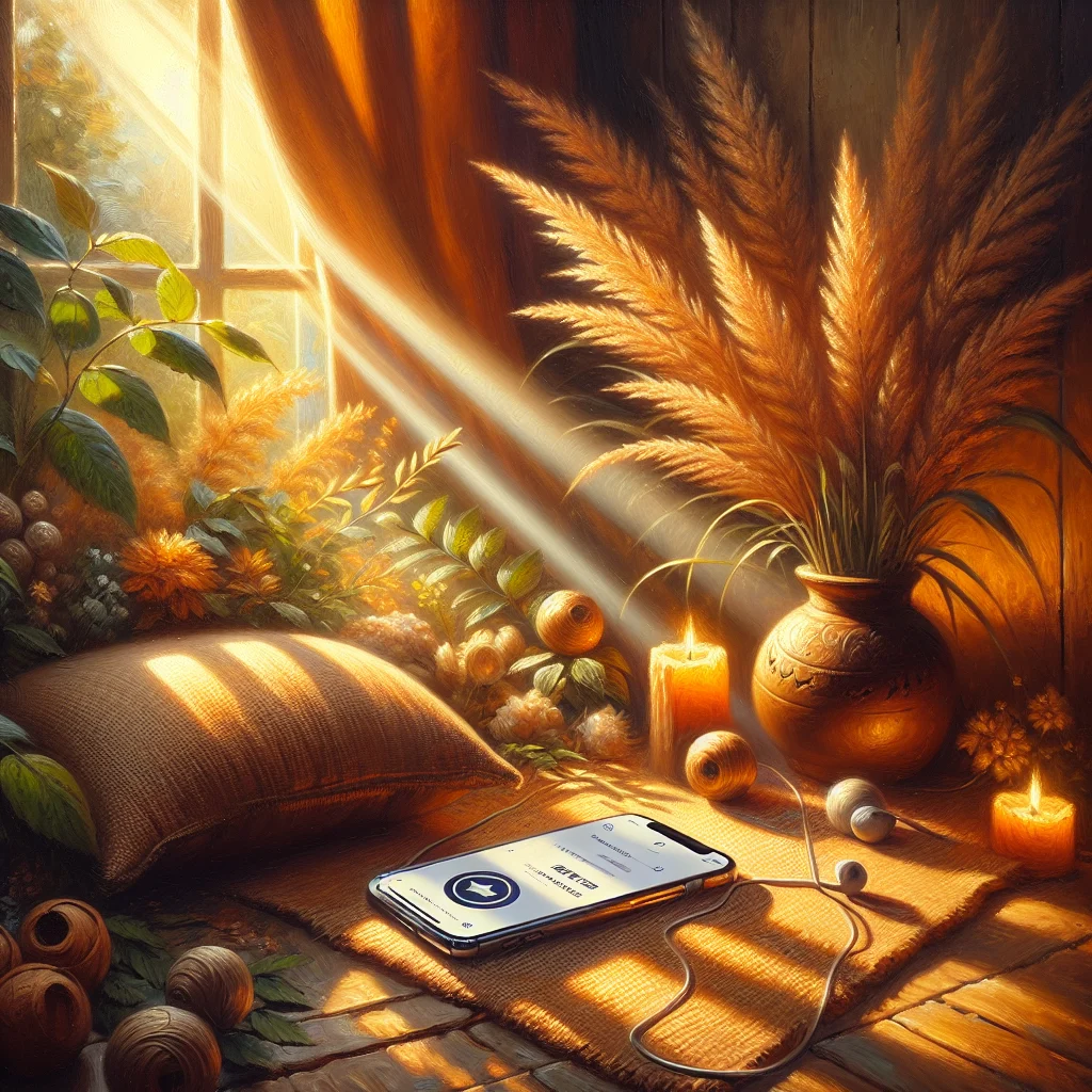 Peaceful meditation space with smartphone playing a mindfulness podcast and meditation cushion